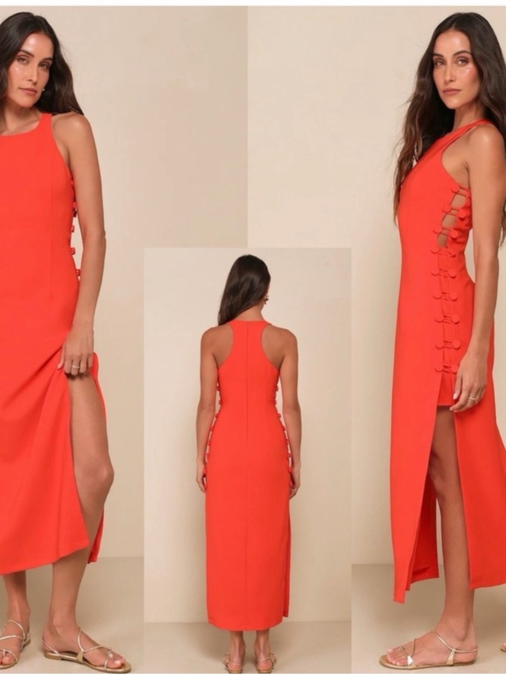 Lulu's Bright Orange Sleeveless Side-Tie Midi Dress